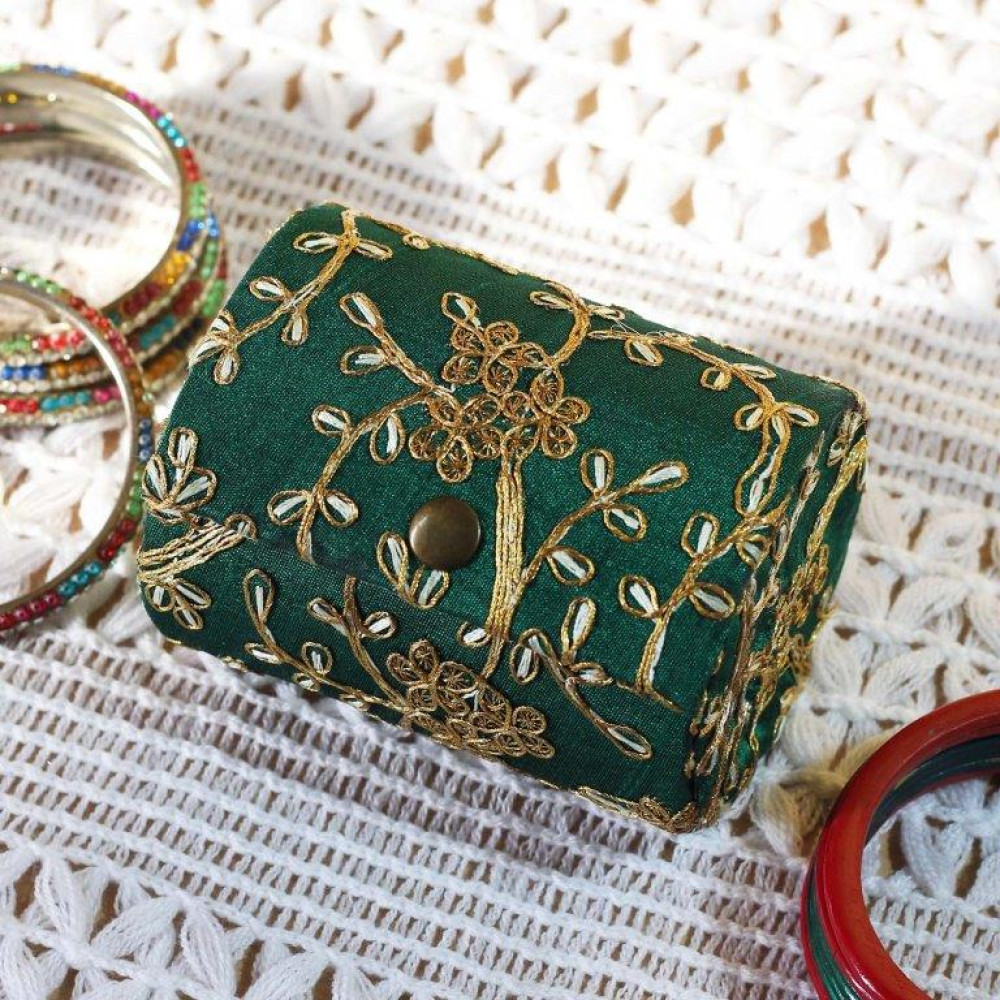 Dark Green Silk Embroidered Bangle Box For Women