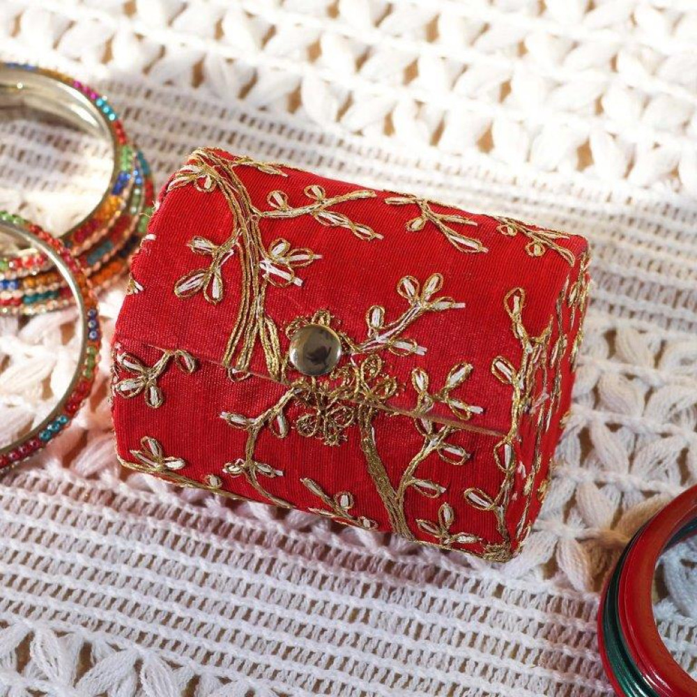 Red Silk Embroidered Bangle Box For Women