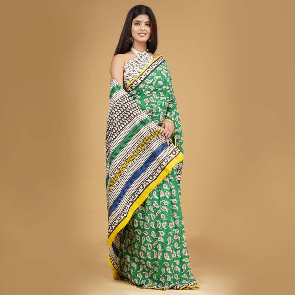 Green - Pure Mul Cotton Hand Block Sanganeri Print Saree 06