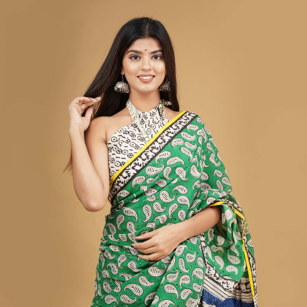BPS21 Green Hand Block Print Saree