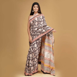 BPS22 Off White and Black Block Printed Saree