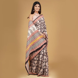 BPS22 Off White and Black Block Printed Saree