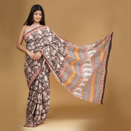 BPS22 Off White and Black Block Printed Saree