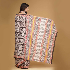 BPS22 Off White and Black Block Printed Saree