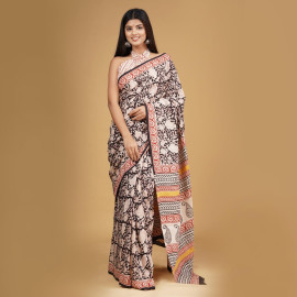 BPS22 Off White and Black Block Printed Saree