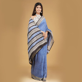 BPS23 Blue and White Block Printed Saree