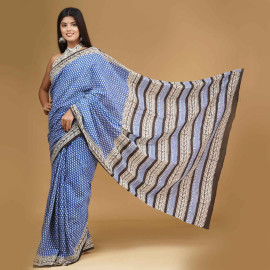 BPS23 Blue and White Block Printed Saree
