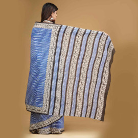 BPS23 Blue and White Block Printed Saree