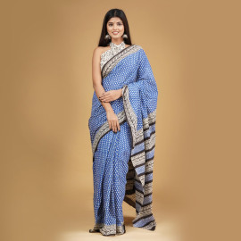 BPS23 Blue and White Block Printed Saree