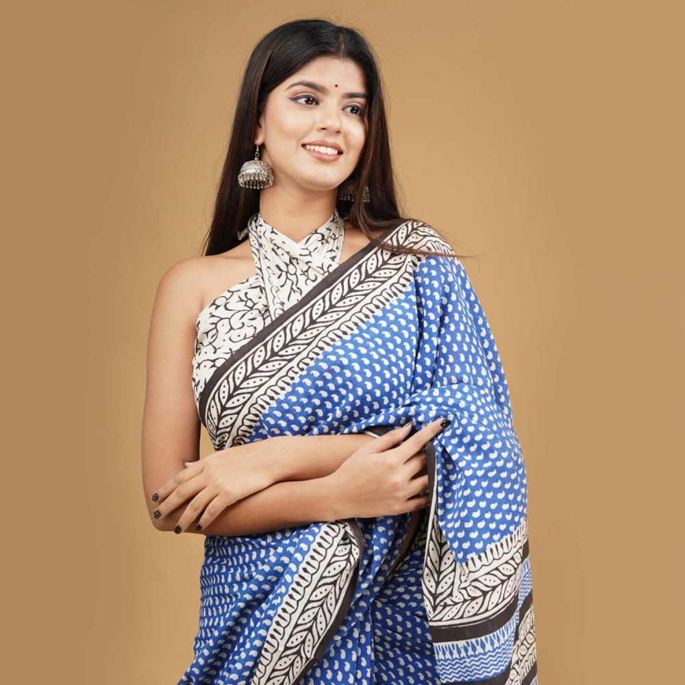BPS23 Blue and White Block Printed Saree