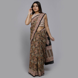 Cream and Black Abstract Block Printed Saree