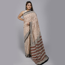 Cream with Brown Prints  Block Printed Saree