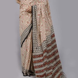 Cream with Brown Prints  Block Printed Saree