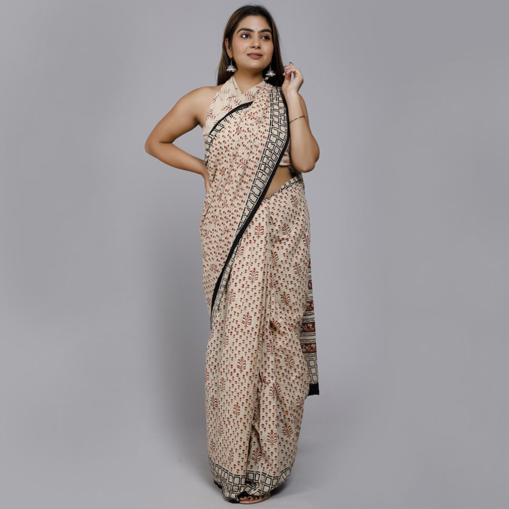 Cream with Brown Prints  Block Printed Saree