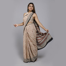 Cream with Brown Prints  Block Printed Saree