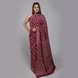 Maroon with Off White Flowers Block Printed Saree