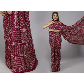 Maroon with Off White Flowers Block Printed Saree