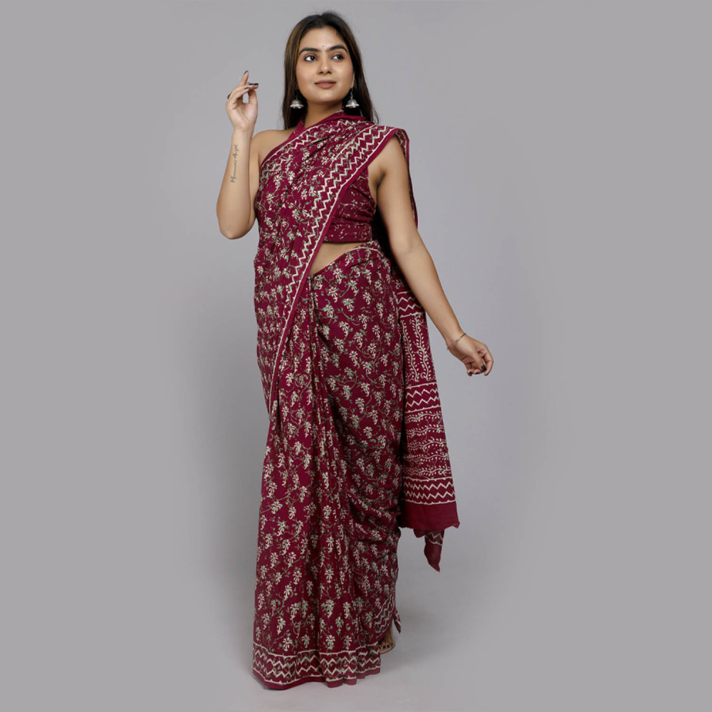 Maroon with Off White Flowers Block Printed Saree