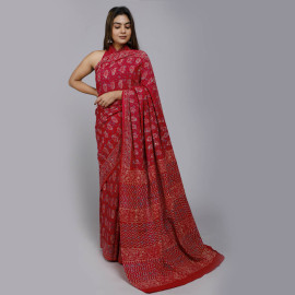 Red Ornate Block Printed Saree