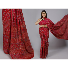 Red Ornate Block Printed Saree