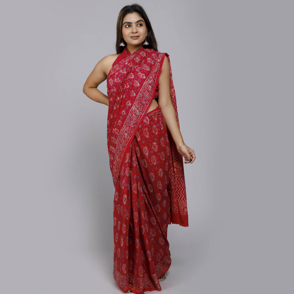 Red Ornate Block Printed Saree