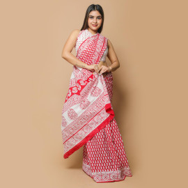Red and White Small Leaves Block Printed Saree