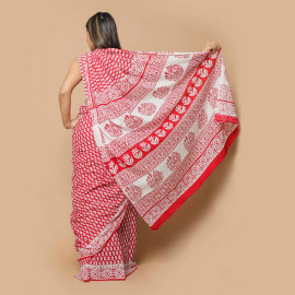 Red and White Small Leaves Block Printed Saree