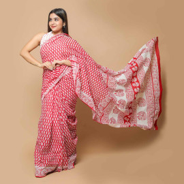 Red and White Small Leaves Block Printed Saree
