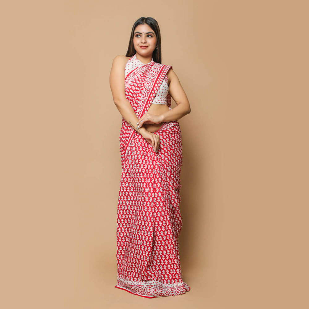 Red and White Small Leaves Block Printed Saree