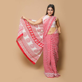 Red and White Small Leaves Block Printed Saree