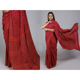 Red Small Ornate Block Printed Saree