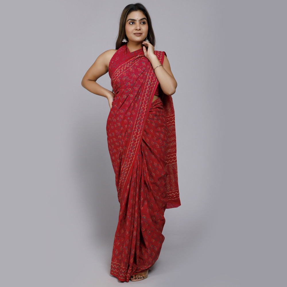 Red Small Ornate Block Printed Saree