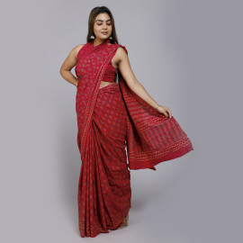 Red Small Ornate Block Printed Saree