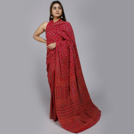 Red Small Ornate Block Printed Saree