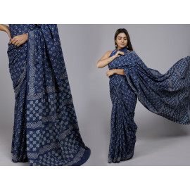 Royal Blue Block Printed Saree