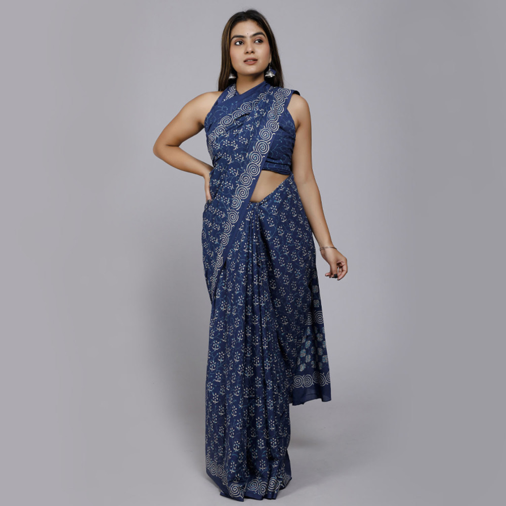 Royal Blue Block Printed Saree