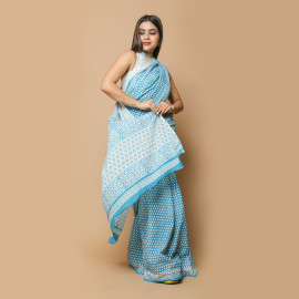 Sky Blue White Small Leaves Block Printed Saree
