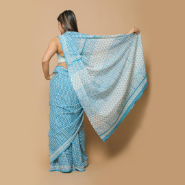 Sky Blue White Small Leaves Block Printed Saree