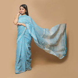 Sky Blue White Small Leaves Block Printed Saree