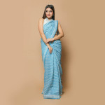 Sky Blue White Small Leaves Block Printed Saree