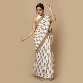 White and Grey Flowers Block Printed Saree