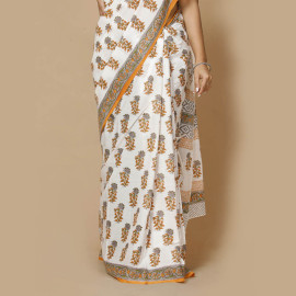 White and Grey Flowers Block Printed Saree