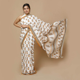 White and Grey Flowers Block Printed Saree