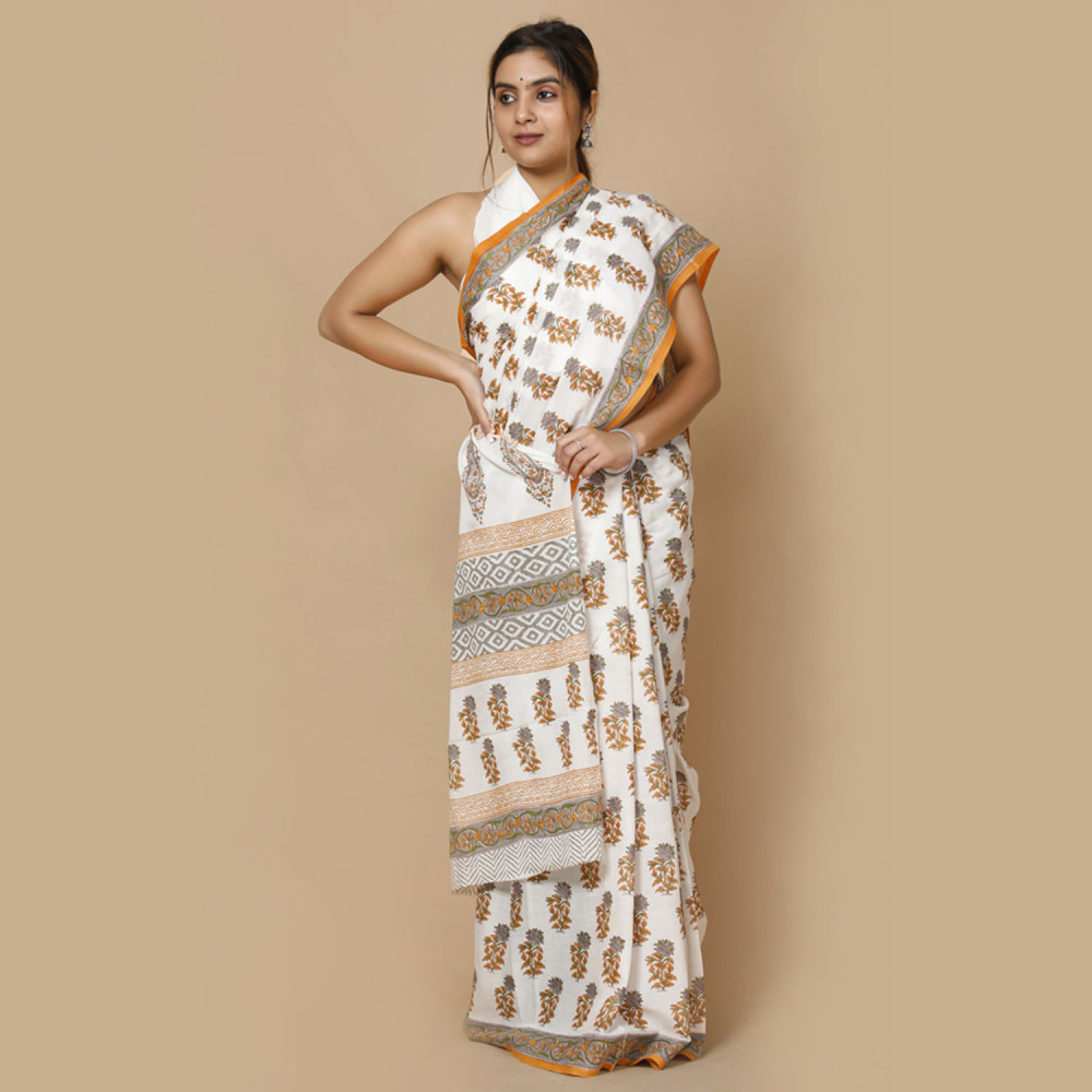 White and Grey Flowers Block Printed Saree