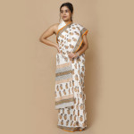 White and Grey Flowers Block Printed Saree