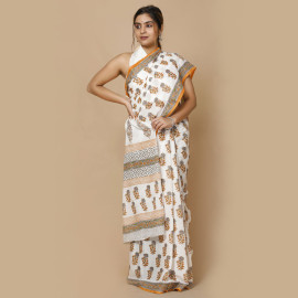 White and Grey Flowers Block Printed Saree