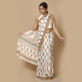 White and Grey Flowers Block Printed Saree