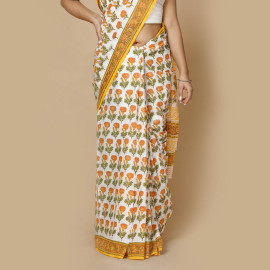 White and Orange Flower Block Printed Saree
