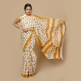 White and Orange Flower Block Printed Saree