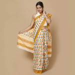 White and Orange Flower Block Printed Saree